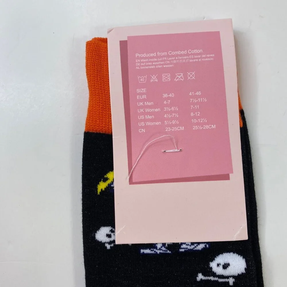 Womens Halloween Crew Socks 2-Pack Skulls Spider Webs Mummies Black Orange Blue